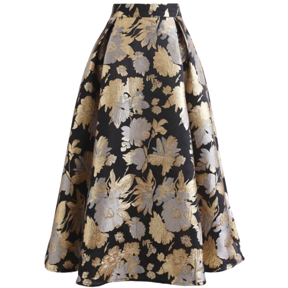 Chicwish Golden Bouquet Jacquard Black & Metallic Gold Floral A-line Midi Skirt